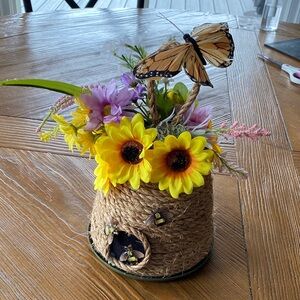 Rustic Floral Arrangement Beehive with Butterfly Accent